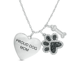 0.065 CT. T.W. Enhanced Black and White Diamond &quot;PROUD DOG MOM&quot; Themed Charm Pendant in Sterling Silver