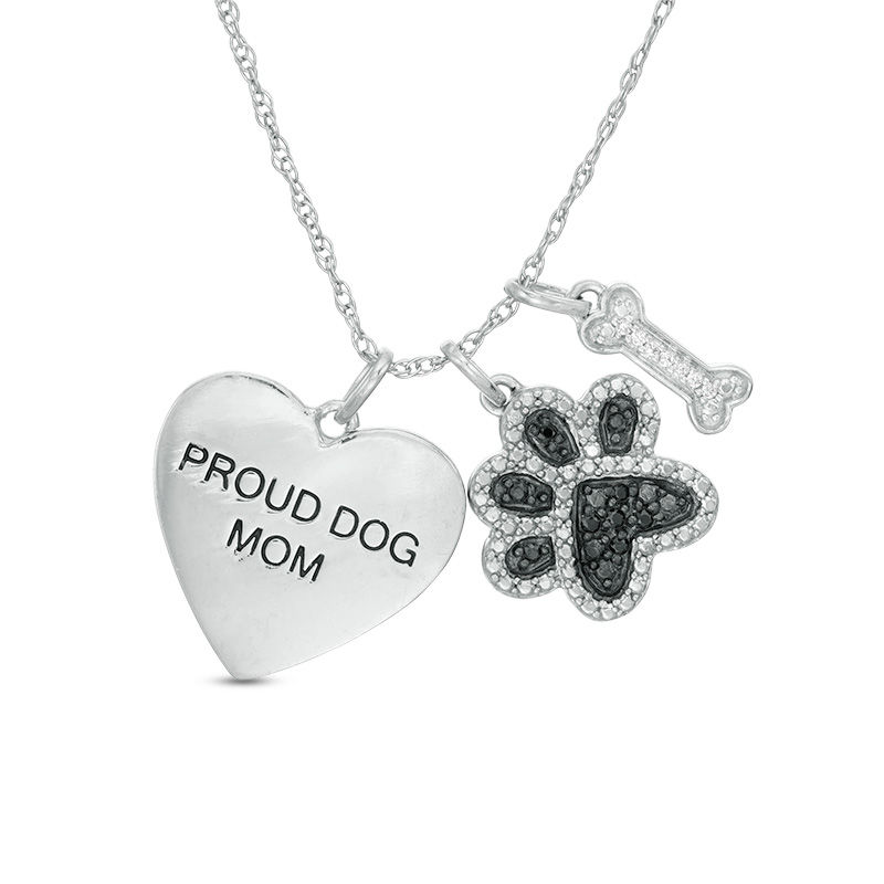 0.065 CT. T.W. Enhanced Black and White Diamond "PROUD DOG MOM" Themed Charm Pendant in Sterling Silver