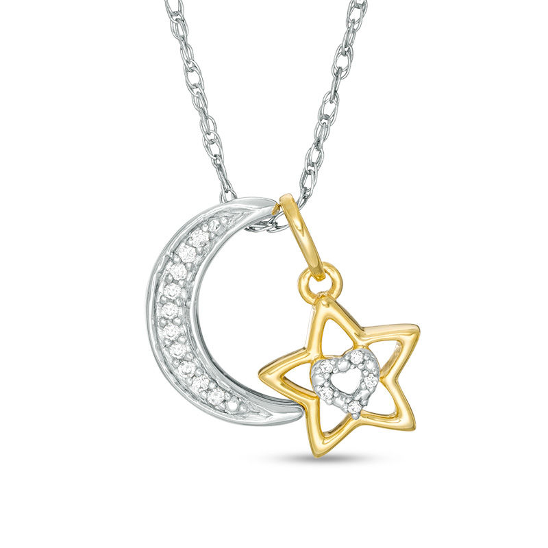 0.04 CT. T.W. Diamond Crescent Moon and Star Pendant in Sterling Silver and 14K Gold Plate|Peoples Jewellers