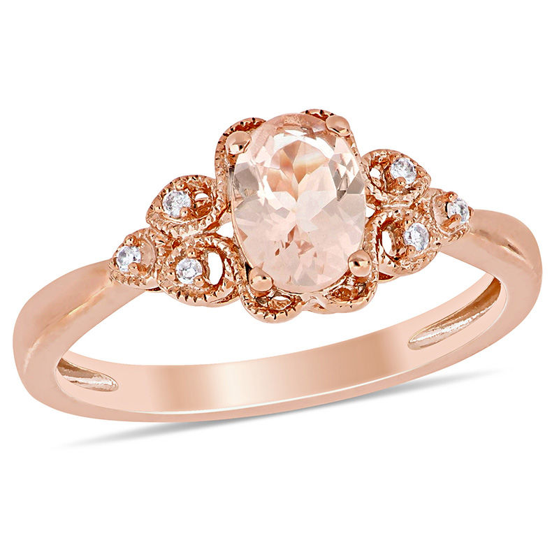 Oval Morganite and Diamond Accent Tri-Sides Vintage-Style Ring in 10K Rose Gold