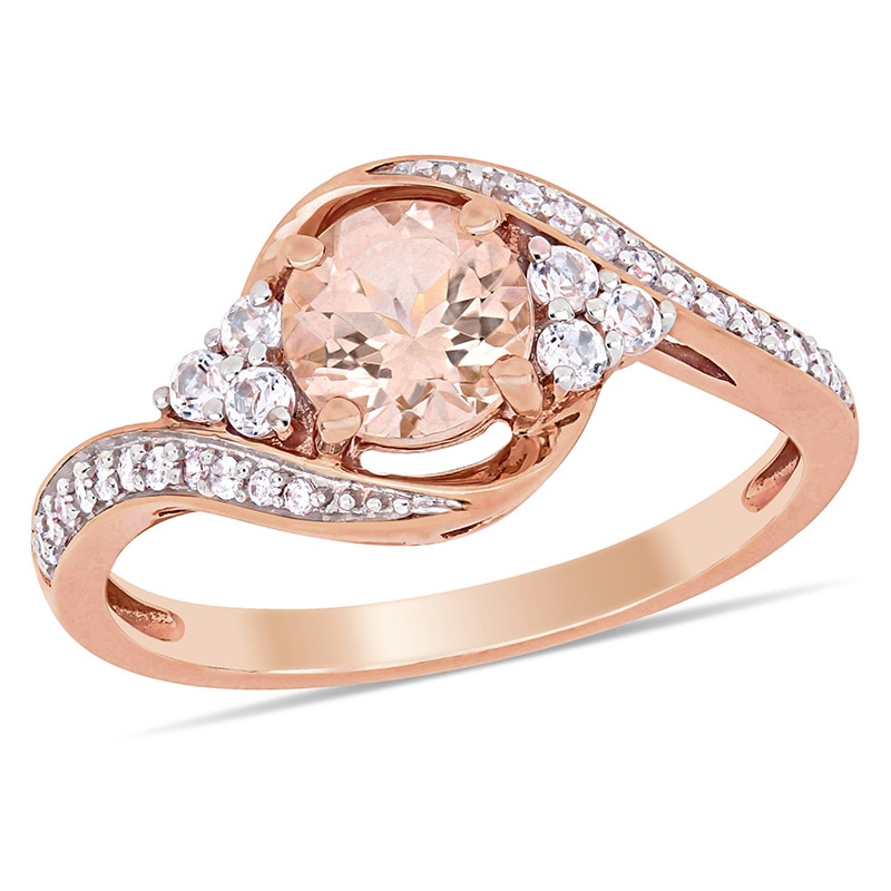 Main Image 1 of 6.0mm Morganite, White Topaz and 0.10 CT. T.W. Diamond Tri-Sides Bypass Ring in 10K Rose Gold