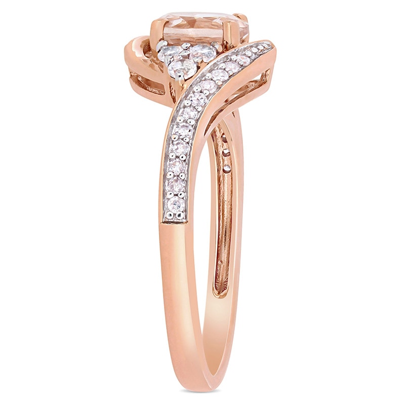 Main Image 3 of 6.0mm Morganite, White Topaz and 0.10 CT. T.W. Diamond Tri-Sides Bypass Ring in 10K Rose Gold