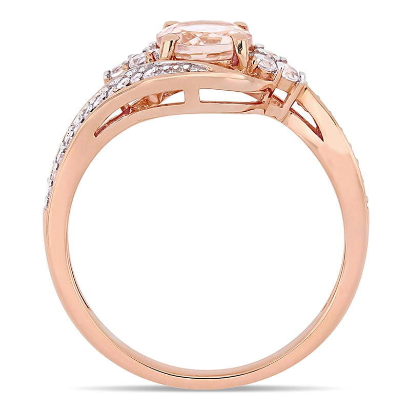 Main Image 4 of 6.0mm Morganite, White Topaz and 0.10 CT. T.W. Diamond Tri-Sides Bypass Ring in 10K Rose Gold