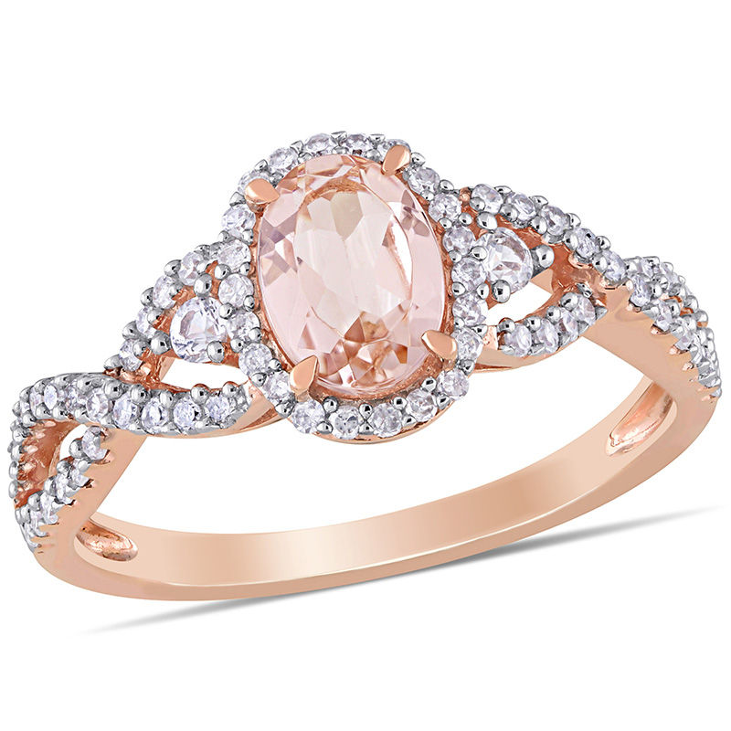 Oval Morganite, White Sapphire and 0.30 CT. T.W. Diamond Frame Side Accent Twist Shank Ring in 10K Rose Gold