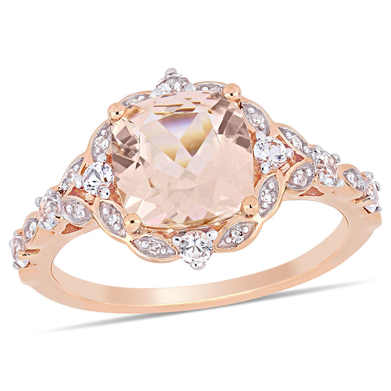 8.0mm Cushion-Cut Morganite, White Sapphire and 0.06 CT. T.W. Diamond Ornate Frame Ring in 14K Rose Gold|Peoples Jewellers