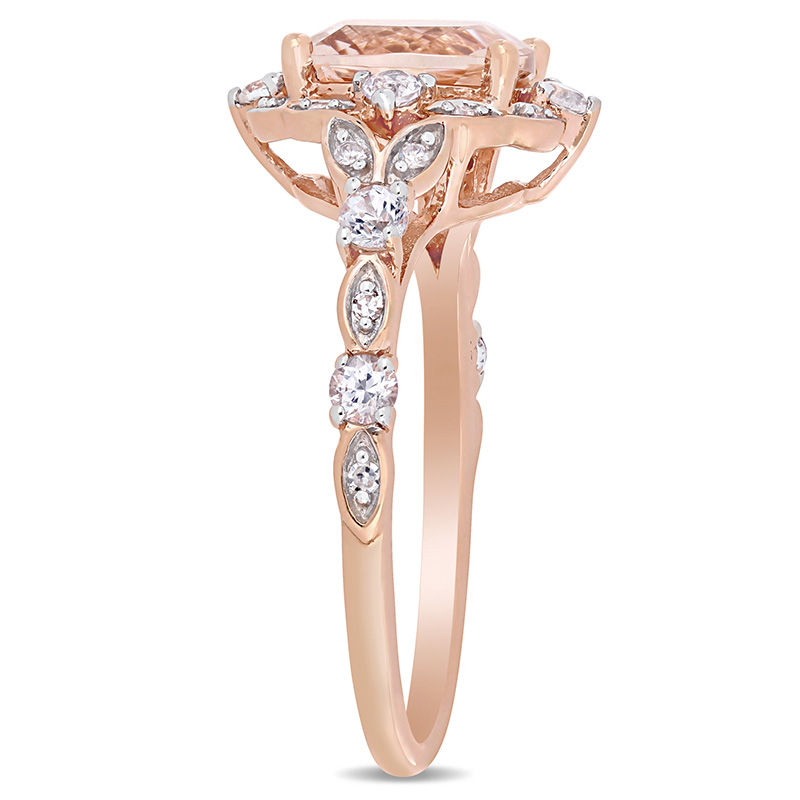 Main Image 3 of 8.0mm Cushion-Cut Morganite, White Sapphire and 0.06 CT. T.W. Diamond Ornate Frame Ring in 14K Rose Gold