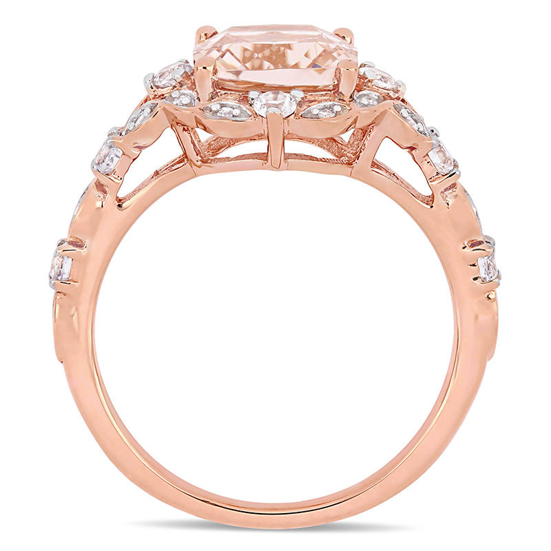 Main Image 4 of 8.0mm Cushion-Cut Morganite, White Sapphire and 0.06 CT. T.W. Diamond Ornate Frame Ring in 14K Rose Gold