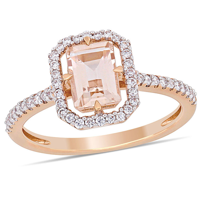 Emerald-Cut Morganite and 0.24 CT. T.W. Diamond Open Octagonal Frame Ring in 14K Rose Gold