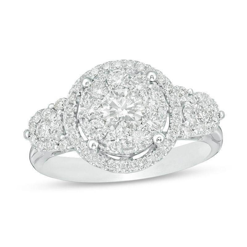1.09 CT. T.W. Composite Diamond Frame Three Stone Engagement Ring in 14K White Gold|Peoples Jewellers