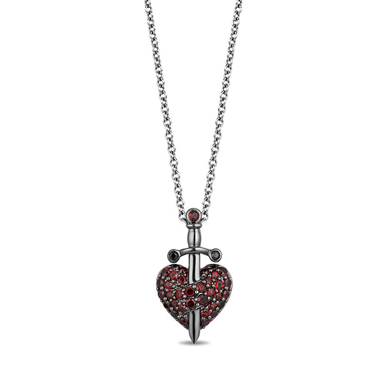 Enchanted Disney Villains Evil Queen Garnet and Black Diamond Accent Pendant in Sterling Silver with Black Rhodium - 19"