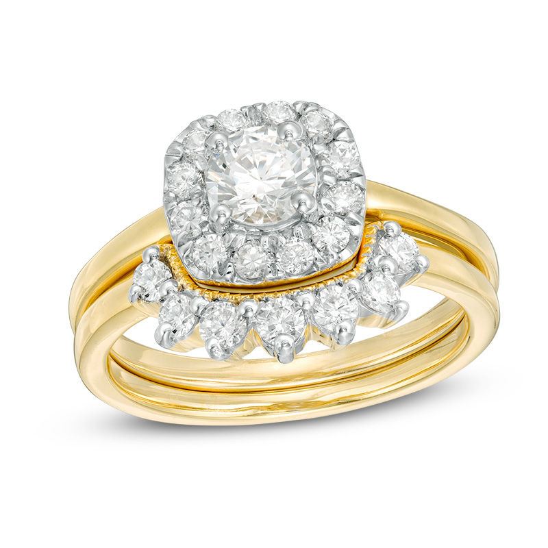 0.95 CT. T.W. Diamond Cushion Frame Sunburst Vintage-Style Bridal Set in 10K Gold