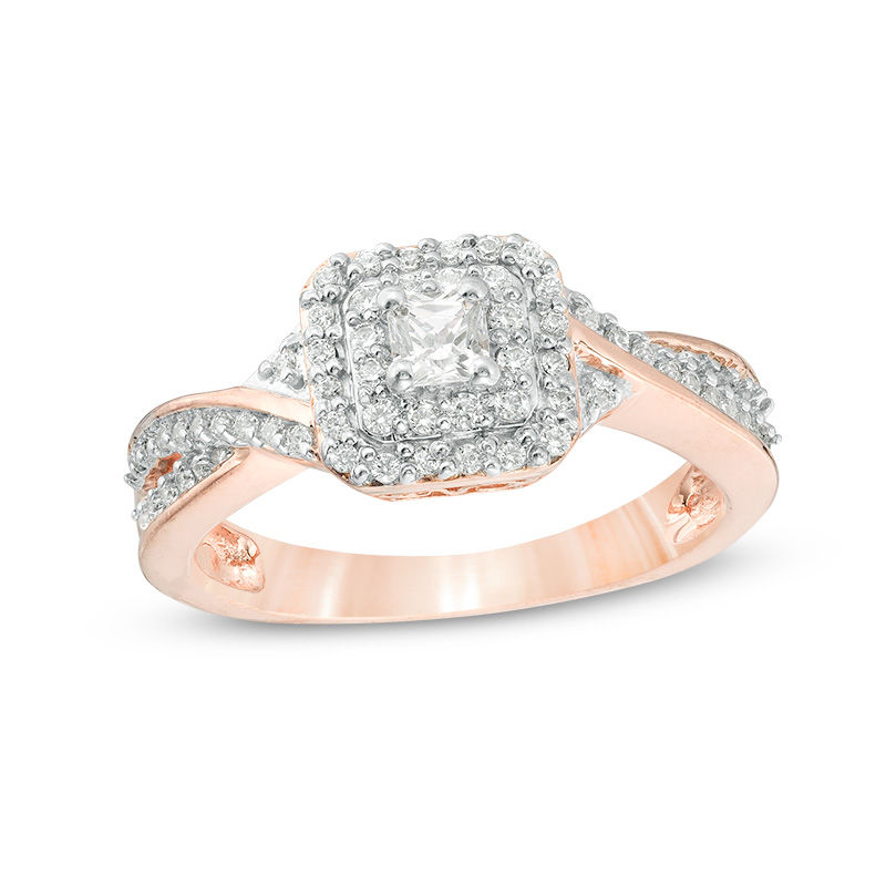 0.45 CT. T.W. Princess-Cut Diamond Double Cushion Frame Twist Split Shank Engagement Ring in 10K Rose Gold