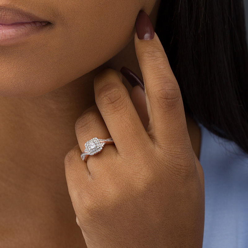 Main Image 2 of 0.45 CT. T.W. Princess-Cut Diamond Double Cushion Frame Twist Split Shank Engagement Ring in 10K Rose Gold
