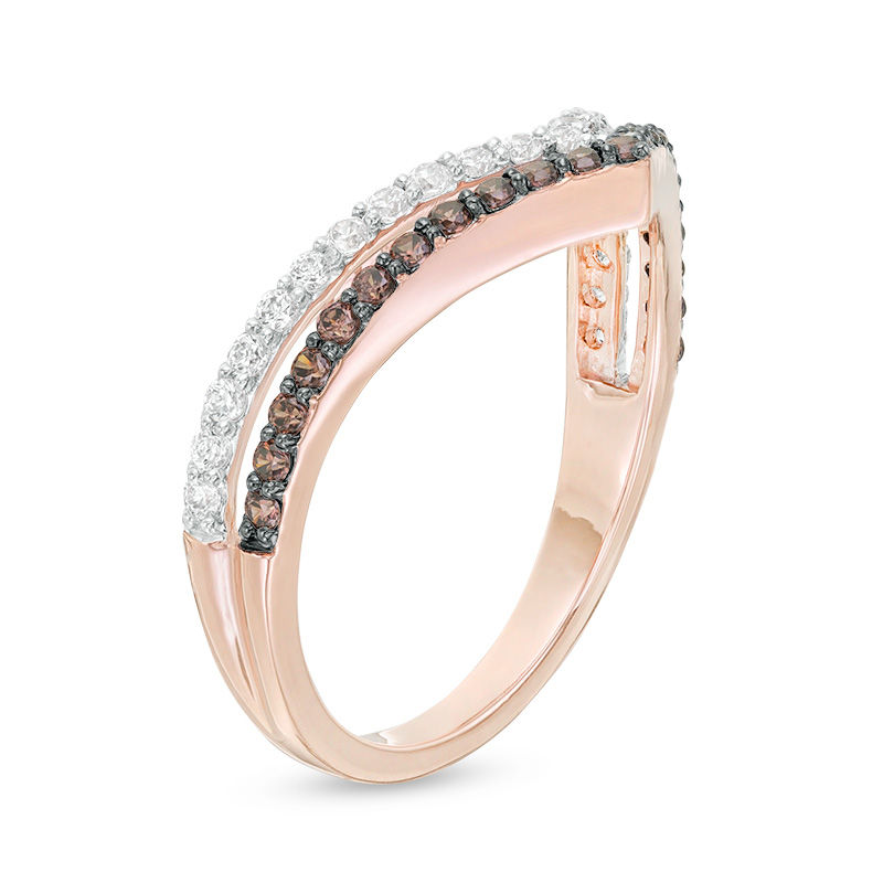 0.45 CT. T.W. Enhanced Champagne and White Diamond Two Row Chevron Band in 10K Rose Gold