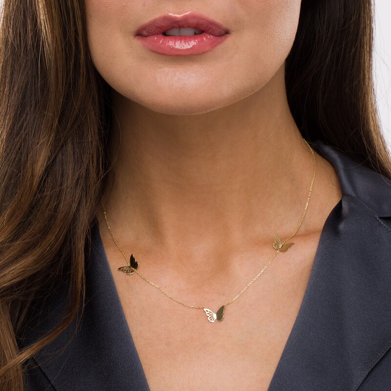 Main Image 2 of Triple Butterfly Station Necklace in 14K Gold