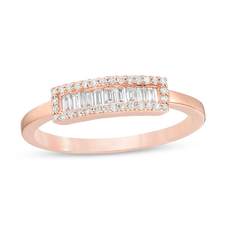 0.16 CT. T.W. Baguette and Round Diamond Sideways Rectangular Frame Ring in 10K Rose Gold