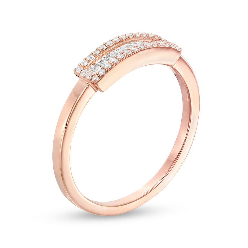 0.16 CT. T.W. Baguette and Round Diamond Sideways Rectangular Frame Ring in 10K Rose Gold