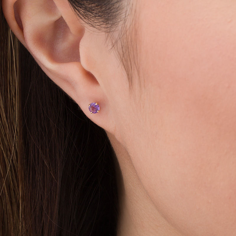 14k Yellow Gold Round Amethyst Stud Earrings