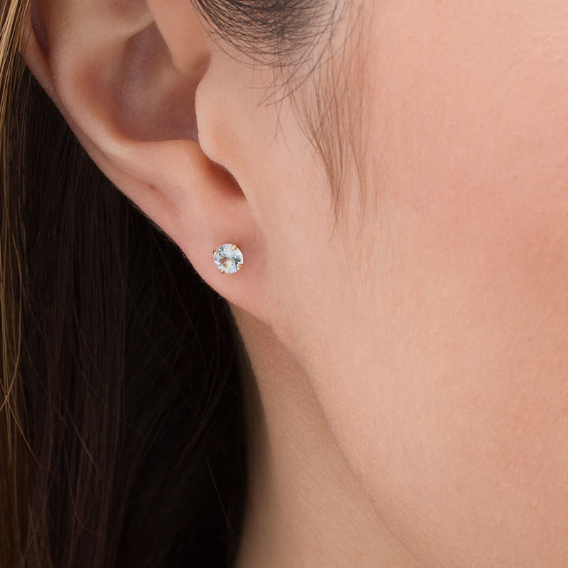 Main Image 2 of 4.0mm Aquamarine Solitaire Stud Earrings in 14K Gold