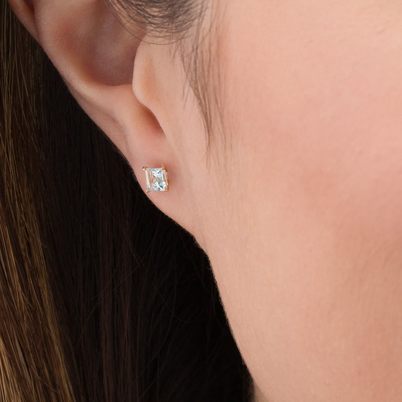 Main Image 2 of 4.0mm Princess-Cut Aquamarine Solitaire Stud Earrings in 14K Gold