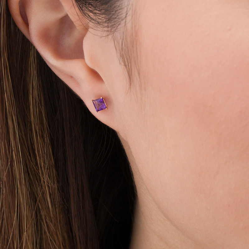 Main Image 2 of 4.0mm Princess-Cut Amethyst Solitaire Stud Earrings in 14K Gold
