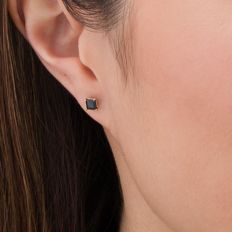Main Image 2 of 4.0mm Princess-Cut Blue Sapphire Solitaire Stud Earrings in 14K Gold
