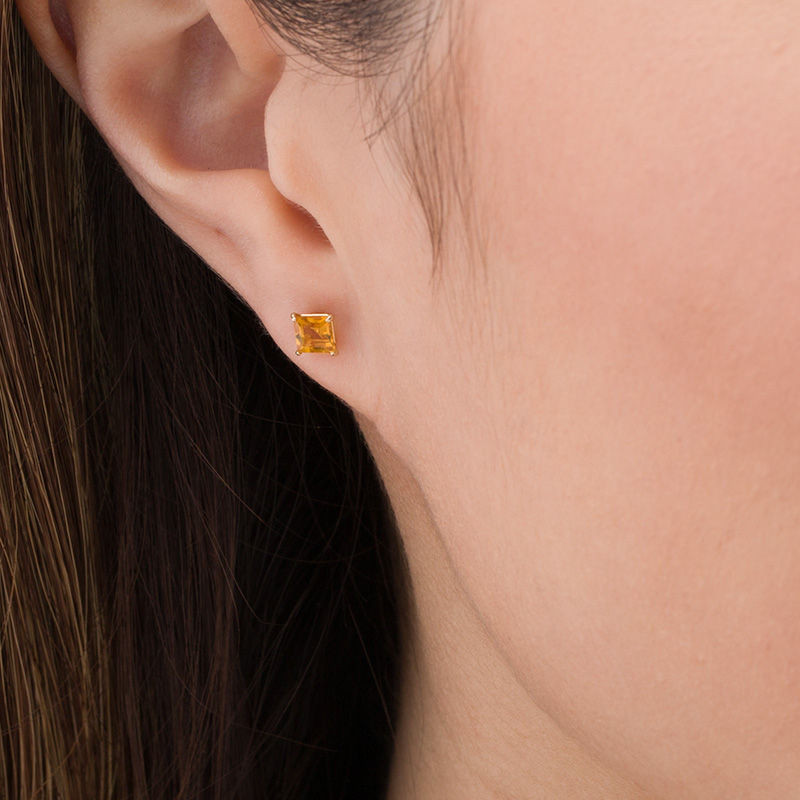 Main Image 2 of 4.0mm Princess-Cut Citrine Solitaire Stud Earrings in 14K Gold