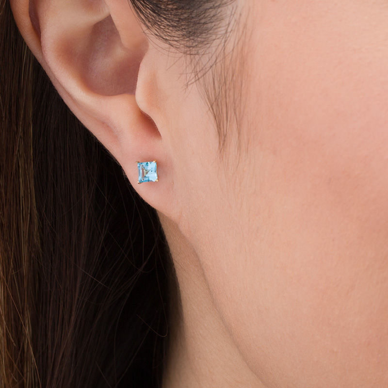 4.0mm Princess-Cut Blue Topaz Solitaire Stud Earrings in 14K Gold