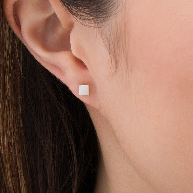 Main Image 2 of 4.0mm Princess-Cut Opal Solitaire Stud Earrings in 14K Gold