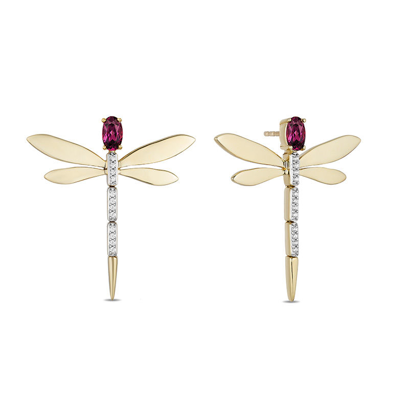 Enchanted Disney Mulan Oval Garnet and 0.04 CT. T.W. Diamond Dragonfly Drop Earrings in 10K Gold