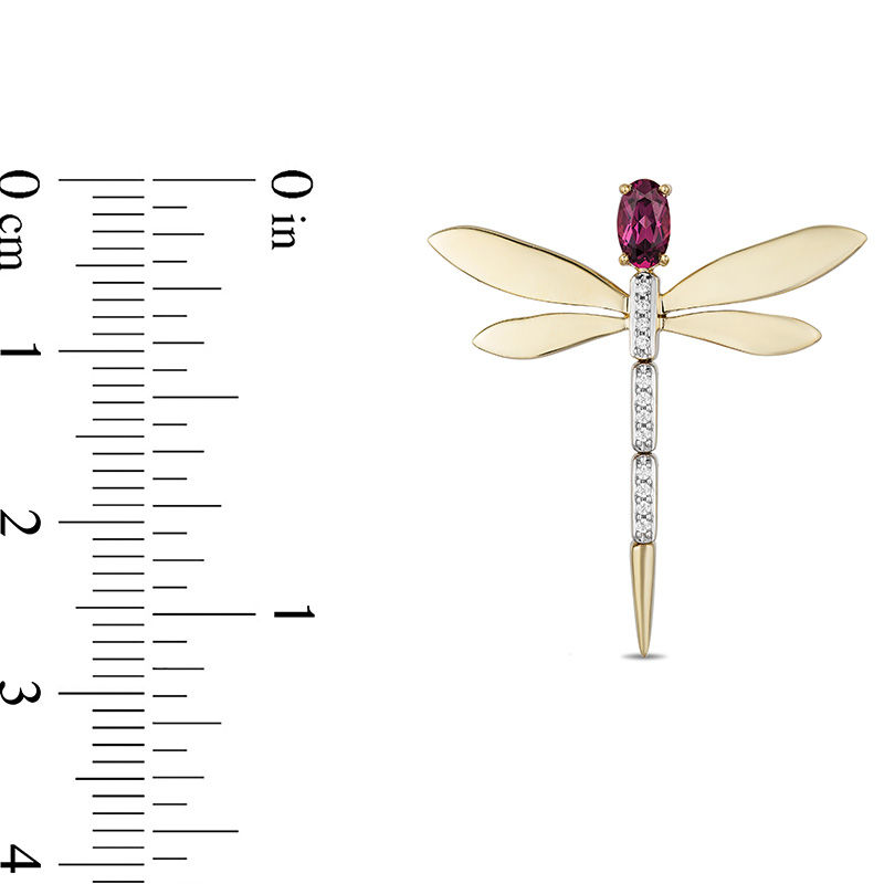 Main Image 2 of Enchanted Disney Mulan Oval Garnet and 0.04 CT. T.W. Diamond Dragonfly Drop Earrings in 10K Gold
