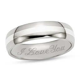 6.0mm Engravable Wedding Band  in Stainless Steel with Sterling Silver centre Stripe (1 Line)