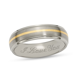 6.0mm Engravable Brushed Stepped Edge Wedding Band in Titanium with 14K Gold Inlay (1 Line)