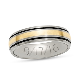 Men's 6.0mm Engravable Brushed Double Groove Wedding Band in Titanium with Black IP and 14K Gold Inlay (1 Line)