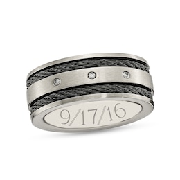 Men's 1/20 CT. T.W. Diamond Three Stone Engravable Brushed Cable Wedding Band in Titanium and Black IP (1 Line)