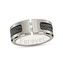 Men's 1/20 CT. T.W. Diamond Engravable Brushed Double Row Cable Wedding Band in Titanium and Black IP (1 Line)