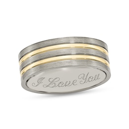 8.0mm Engravable Multi-Finish Double Groove Wedding Band in Titanium and Yellow IP (1 Line)