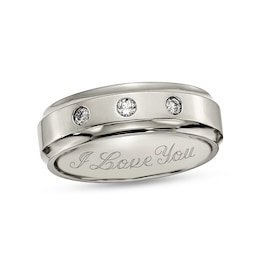 Men's 1/5 CT. T.W. Diamond Three Stone Engravable Bevelled Edge Wedding Band in Titanium (1 Line)