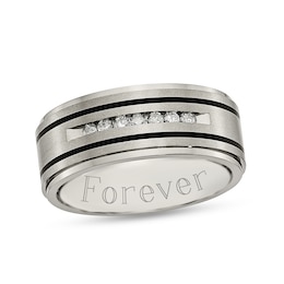 Men's 1/4 CT. T.W. Diamond Engravable Double Stripe Wedding Band in Two-Tone Titanium (2 Lines)