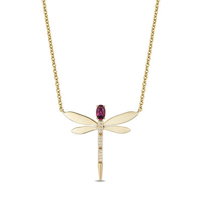 Enchanted Disney Mulan Oval Rhodolite Garnet and Diamond Accent Dragonfly Necklace in 10K Gold