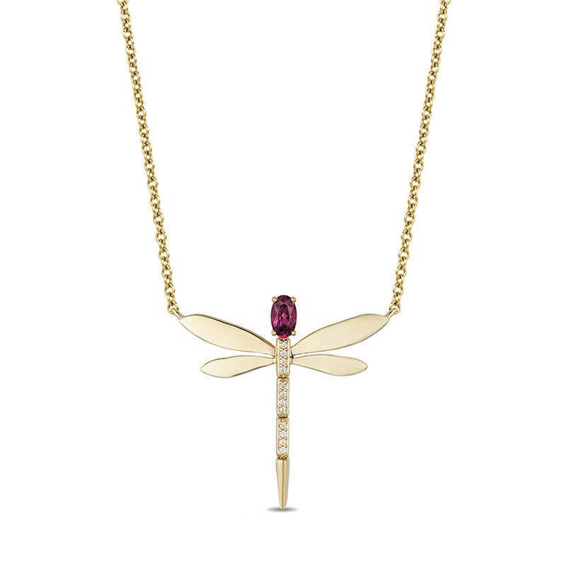 Enchanted Disney Mulan Oval Rhodolite Garnet and Diamond Accent Dragonfly Necklace in 10K Gold