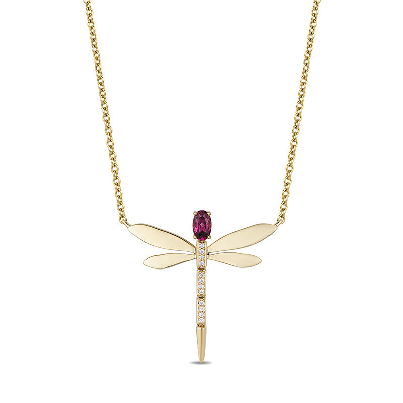 Main Image 1 of Enchanted Disney Mulan Oval Rhodolite Garnet and Diamond Accent Dragonfly Necklace in 10K Gold