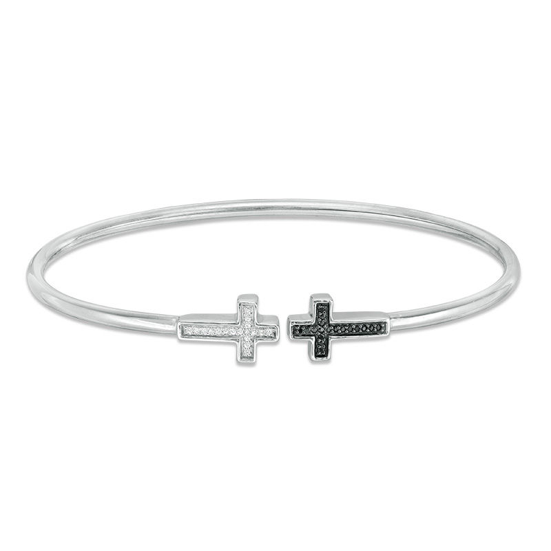 0.086 CT. T.W. Enhanced Black and White Diamond Sideways Cross Open Flex Bangle in Sterling Silver|Peoples Jewellers