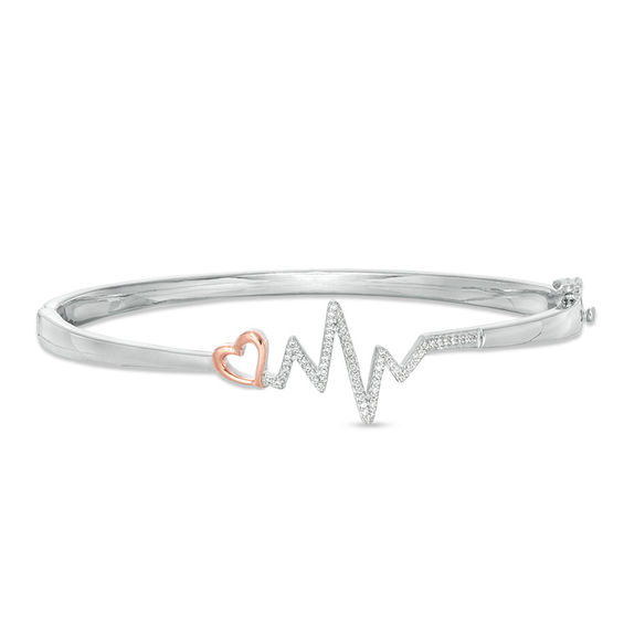 0.18 CT. T.W. Diamond Heart and Heartbeat Bangle in Sterling Silver and 10K Rose Gold