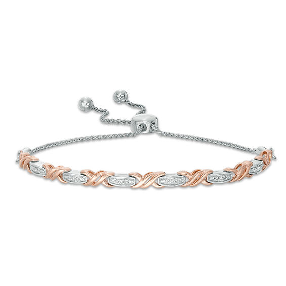 0.068 CT. T.W. Diamond Layered "XO" Bolo Bracelet in Sterling Silver and 10K Rose Gold - 9.5"