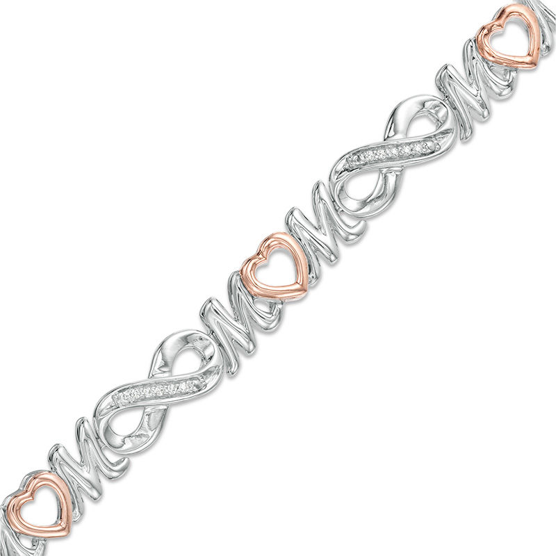 0.086 CT. T.W. Diamond "MOM" Heart and Infinity Alternating Bracelet in Sterling Silver and 10K Rose Gold - 7.25"