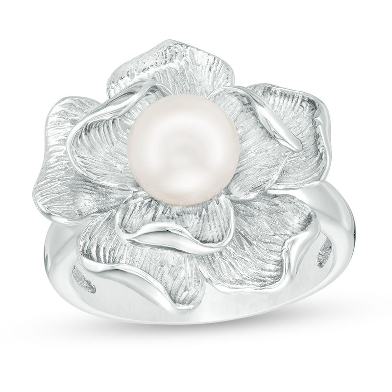 7.0mm Cultured Freshwater Pearl Flower Ring in Sterling Silver - Size 6