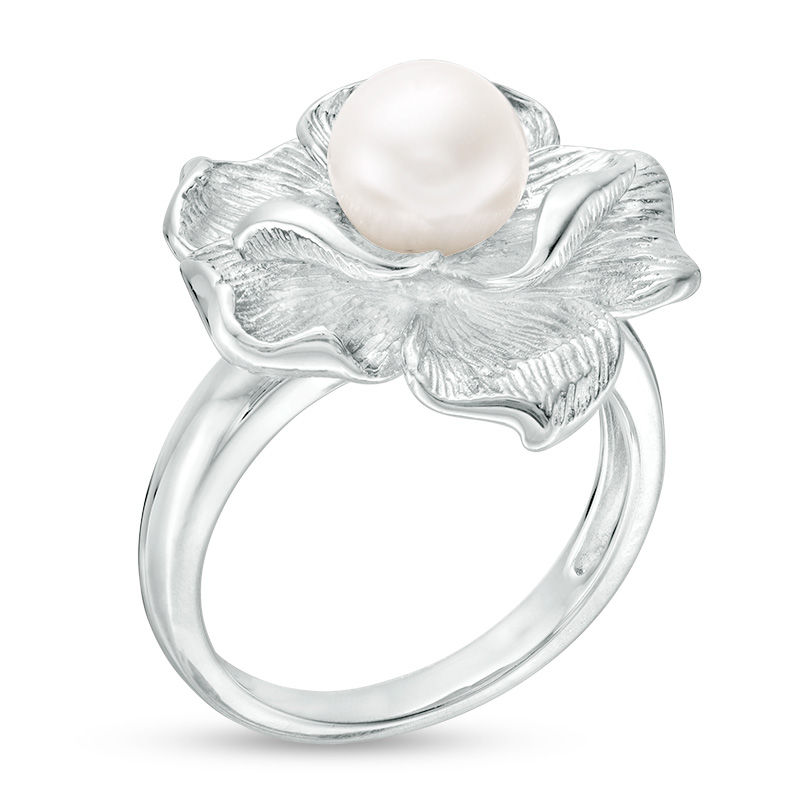7.0mm Cultured Freshwater Pearl Flower Ring in Sterling Silver - Size 6