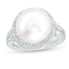 Thumbnail Image 0 of Button Cultured Freshwater Pearl and 0.18 CT. T.W. Diamond Frame Ribbed Shank Ring in Sterling Silver - Size 6