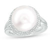Button Cultured Freshwater Pearl and 0.18 CT. T.W. Diamond Frame Ribbed Shank Ring in Sterling Silver - Size 6
